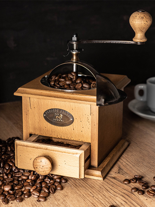 Antique Manual coffee mill in hand-aged beechwood, 21cm Peugeot