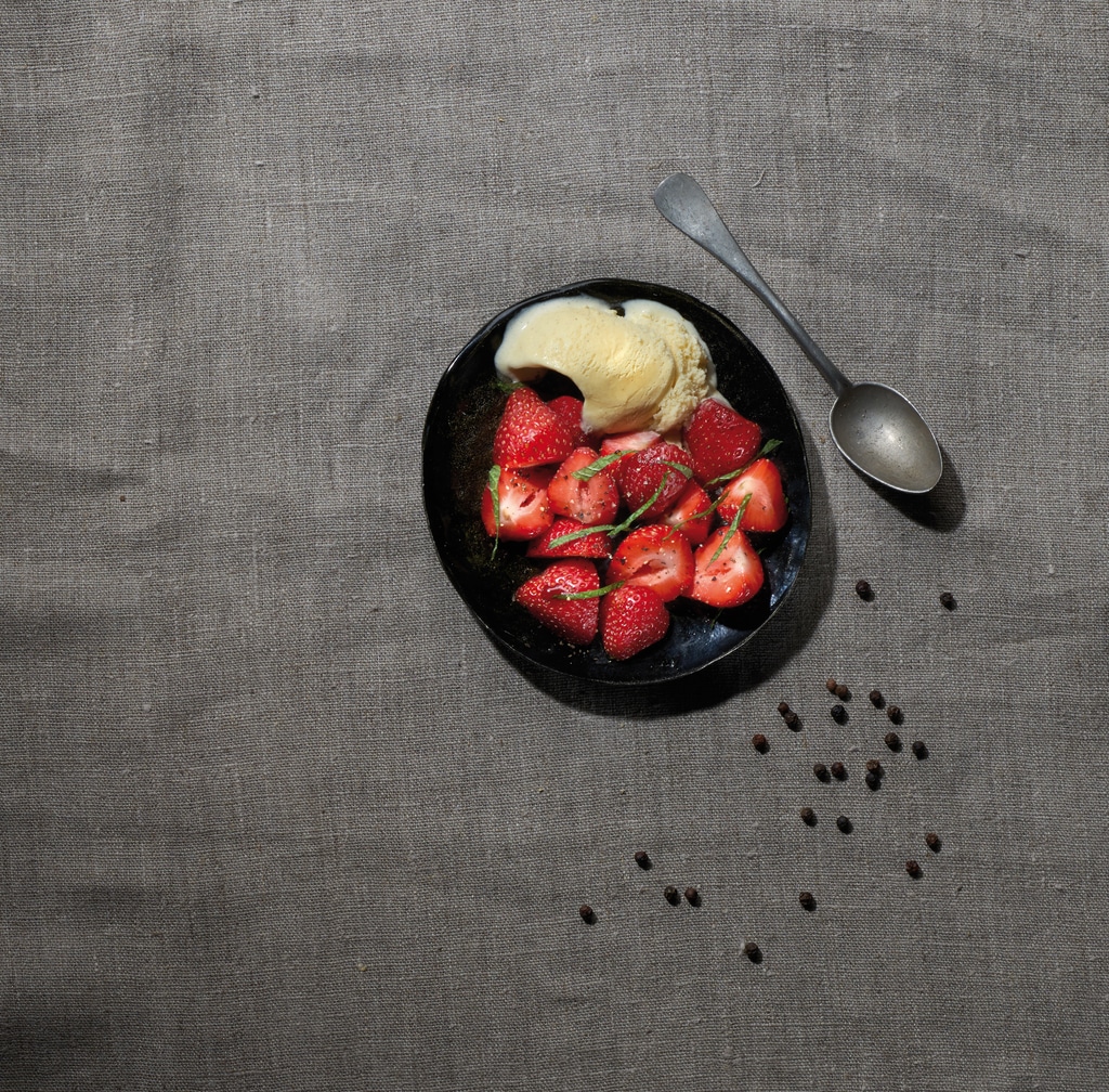 Strawberry salad, balsamic vinegar, vanilla ice cream