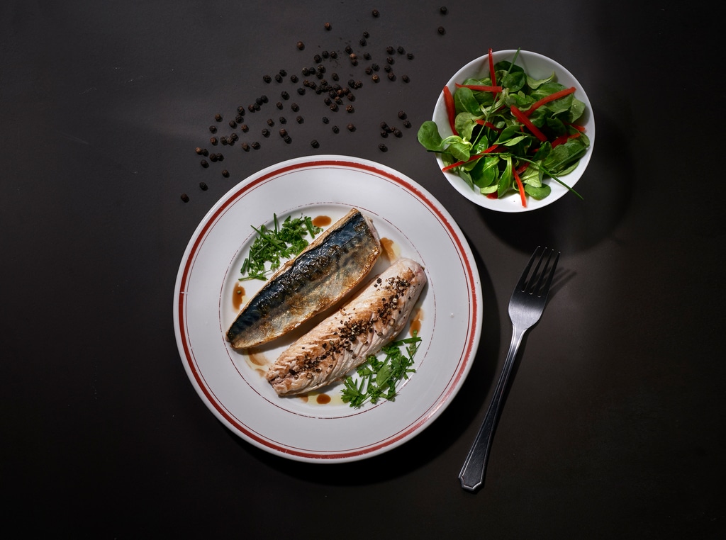 Mackerel fillets seared on one side