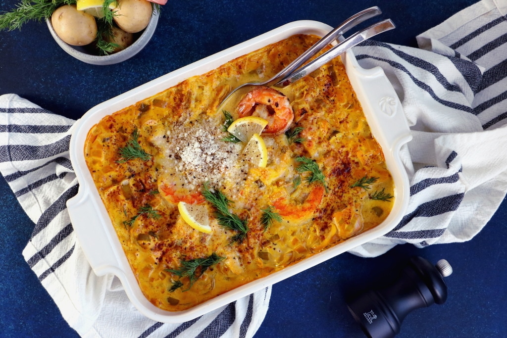 Fish and Shrimp Casserole with Saffron Sauce