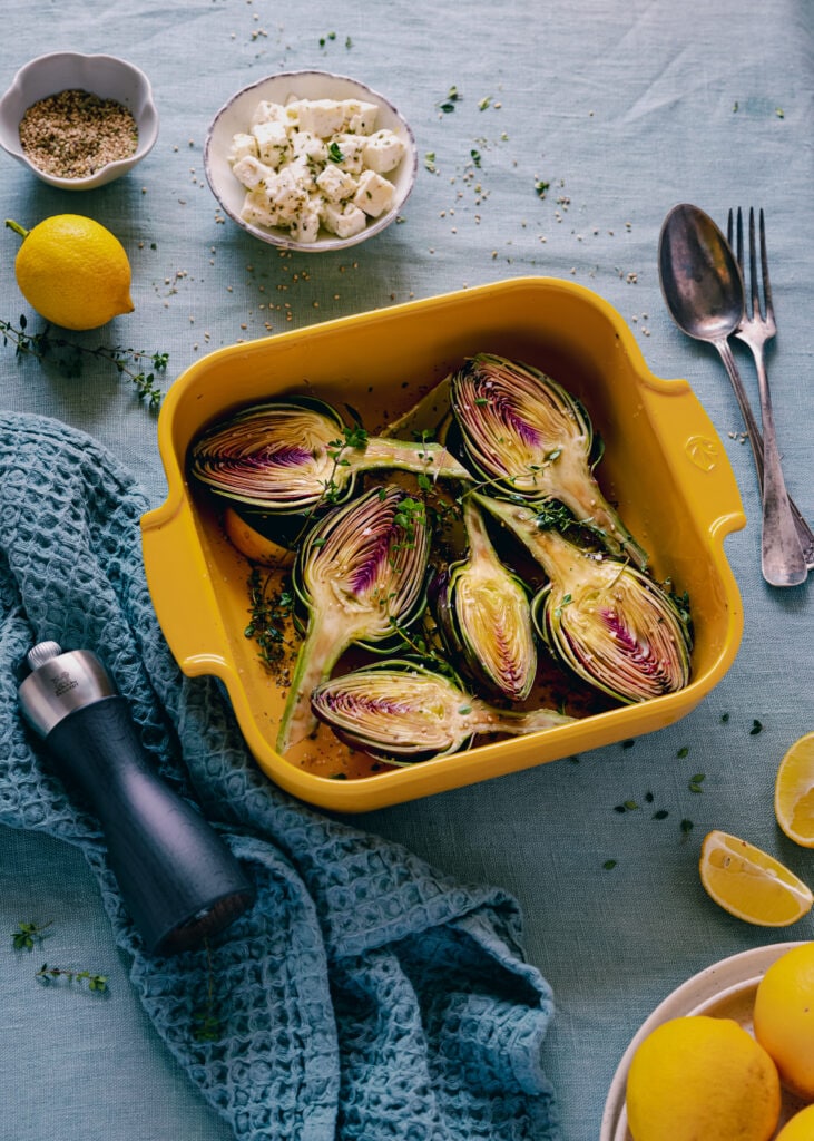 Roasted artichokes with feta and fresh thyme