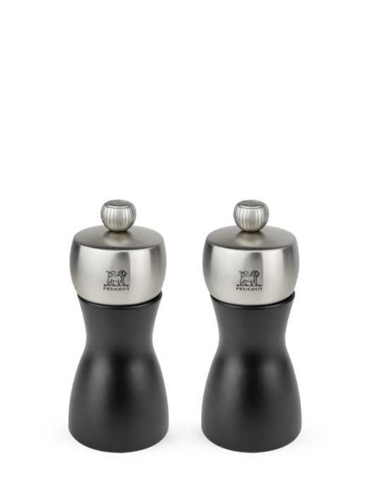 Fidji Duo of salt and pepper mills in wood and stainless steel, black