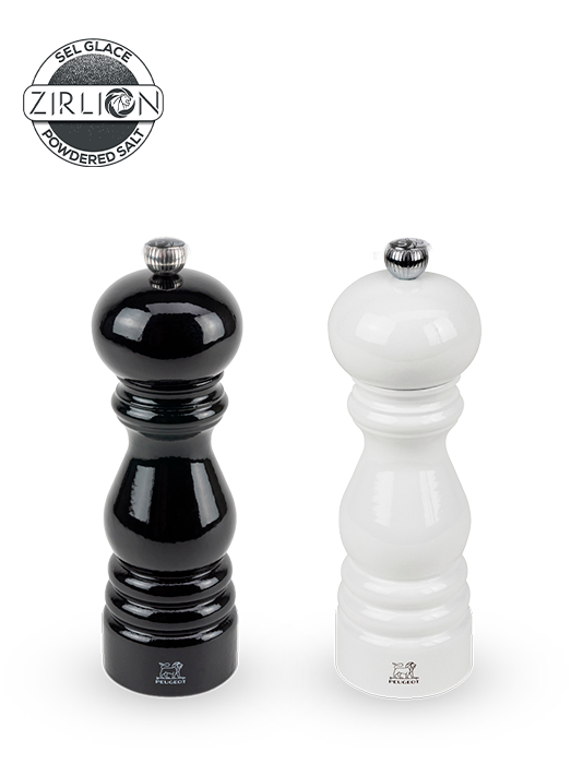 Image of These black and white lacquered Paris mills are made in France from beechwood. This pepper and salt mill duo is equipped with Peugeot mechanisms, reno