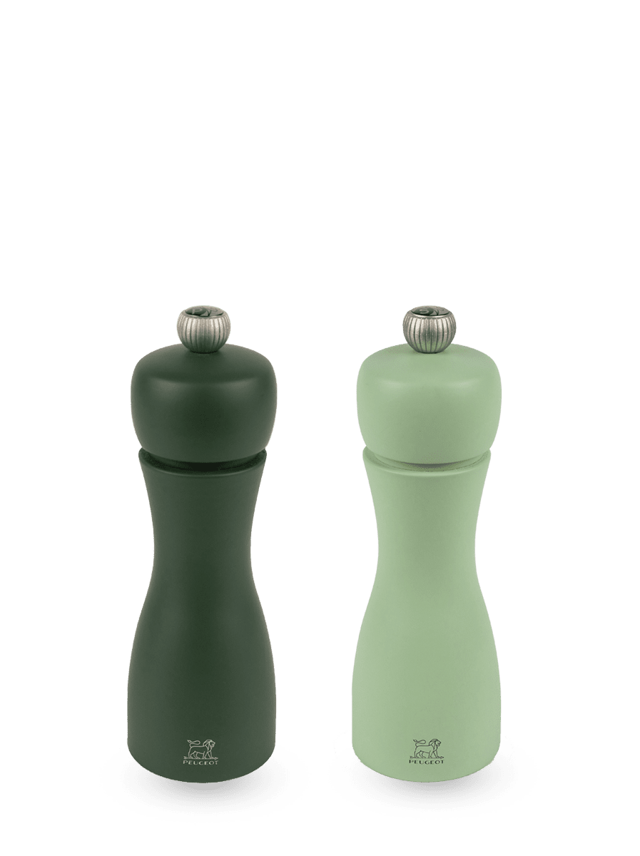 Image of Set of Manual Beech Wood Salt and Pepper Mills in Moss Green & Mint Green, 15cm Tahiti